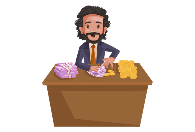 Consultor de inversiones sentado en un escritorio con rupias indias y monedas de oro  Ilustración