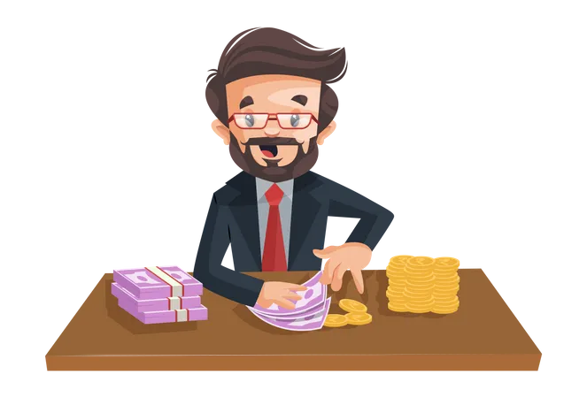 O consultor financeiro indiano está sentado e contando dinheiro na mesa  Ilustração