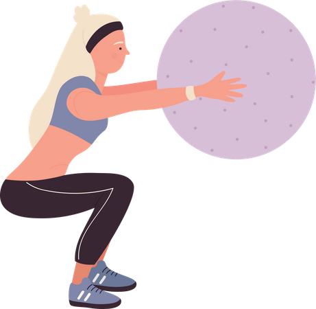 Consultora de fitness femenina haciendo ejercicio con pelota de gimnasia  Ilustración