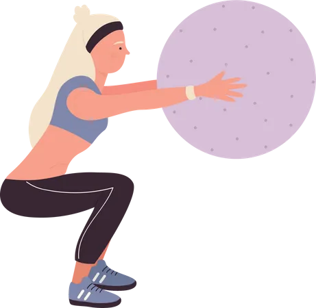 Consultora de fitness femenina haciendo ejercicio con pelota de gimnasia  Ilustración