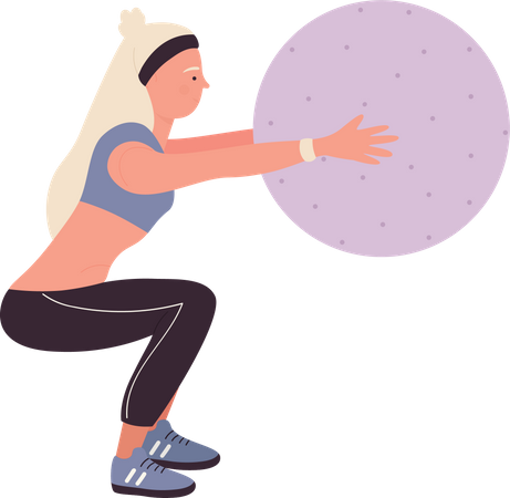 Consultora de fitness feminina fazendo exercícios com bola de ginástica  Ilustração