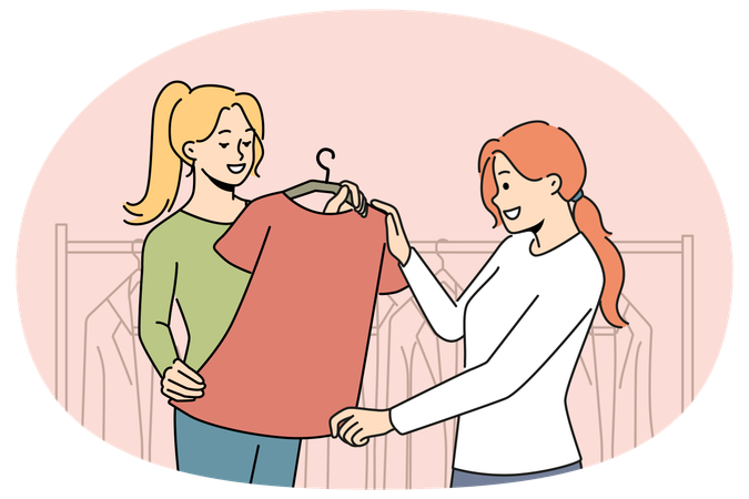 Un consultor sonriente ayuda a un cliente con la elección de ropa.  Ilustración