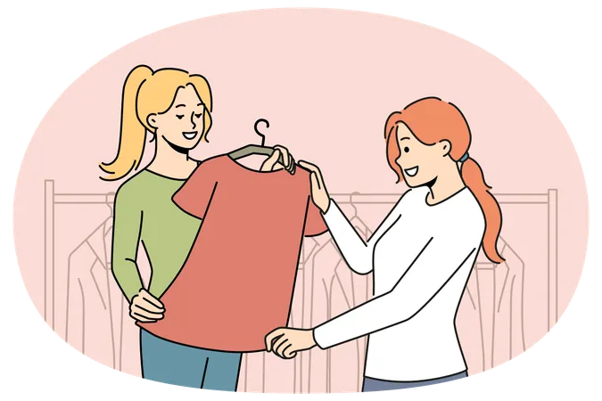 Un consultor sonriente ayuda a un cliente con la elección de ropa.  Ilustración