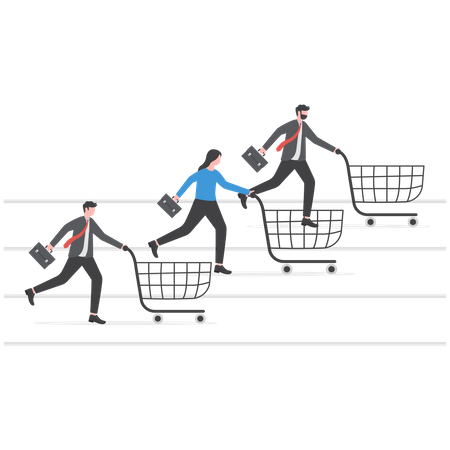 Consumer people with shopping cart compete in running race tracks  Illustration