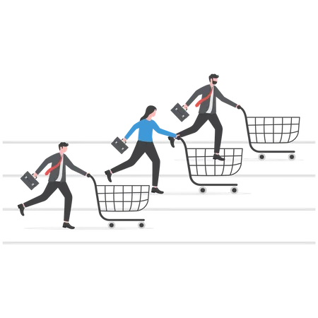 Consumer people with shopping cart compete in running race tracks  Illustration