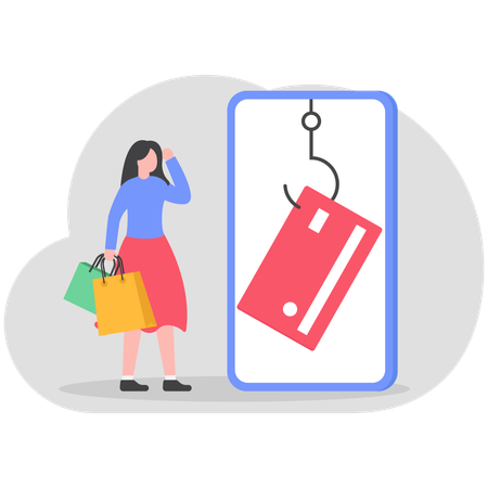 Consumerism and marketing luring woman to shop with credit card debt risk  Illustration