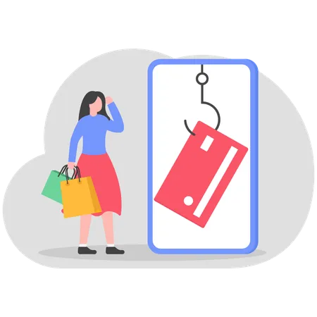 Consumerism and marketing luring woman to shop with credit card debt risk  Illustration