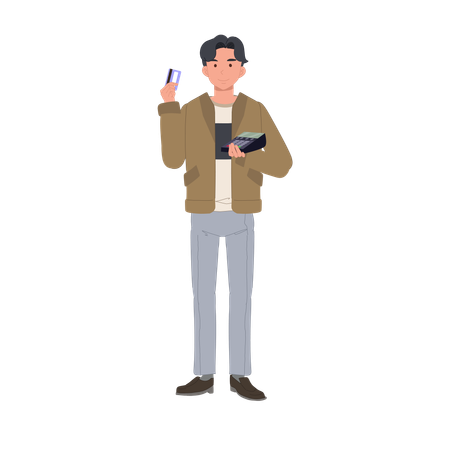 Consumidor masculino com cartão de crédito e terminal de pagamento  Ilustração