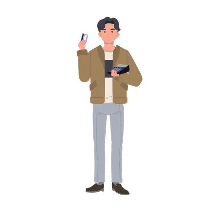 Consumidor masculino com cartão de crédito e terminal de pagamento  Ilustração