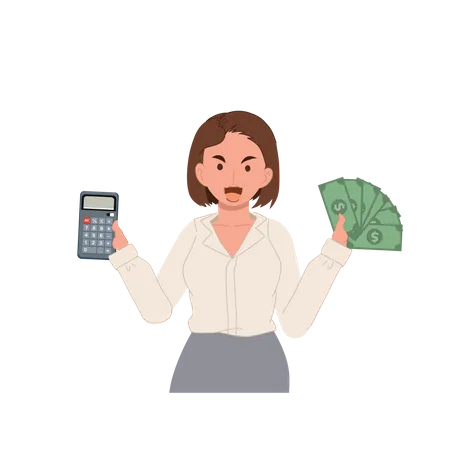 Calculos Financieros Concepto Contable Mujer Sosteniendo Calculadora Y Nota De Dinero En Las Manos Ilustracion Vectorial Ilustración
