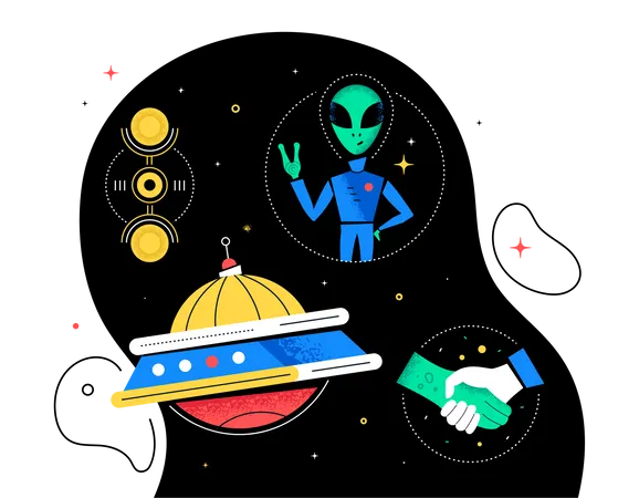 Alien Contact Colorful Flat Design Style Web Banner With Place For Text An Illustration With A Flying Saucer Crop Circle Handshake Between Human And Creature Infinite Universe Space Exploration Illustration