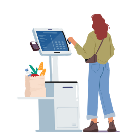 Contactless Payment, Contemporary Technologies. Female Character in Supermarket Stand at Checkout Self Service with Pos  Illustration
