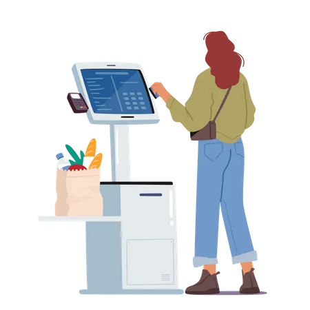 Contactless Payment, Contemporary Technologies. Female Character in Supermarket Stand at Checkout Self Service with Pos Illustration