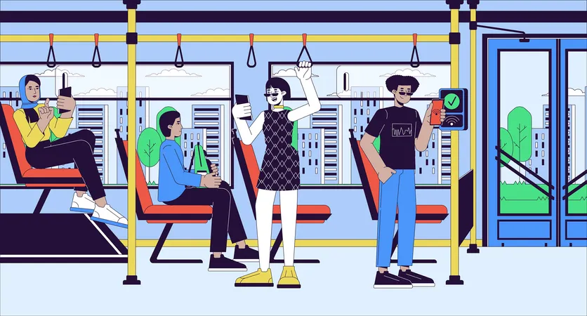 Contactless Public Transport Payment Cartoon Flat Illustration Multicultural Bus Passengers Using Phones 2 D Line Characters Colorful Background Wireless Bus Fare Scene Vector Storytelling Image Illustration