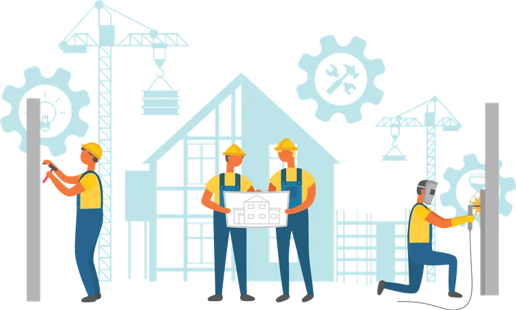 Contactors Discussing Project Builder Drilling And Hammering Bolt Into Wall Silhouette Of Building House Crane And Wrench Repair Technology Vector Illustration