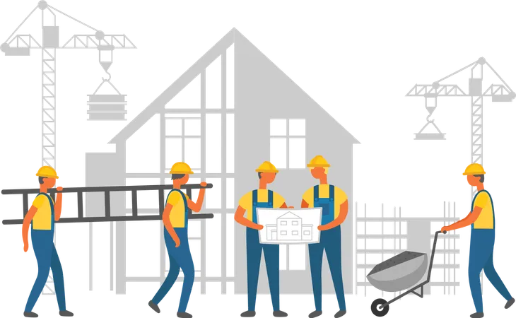 Builders Carrying Stairs And Wheelbarrow Contactors Men Discussing Project Construction Workers In Helmet And Work Clothes Build And Crane Vector Illustration