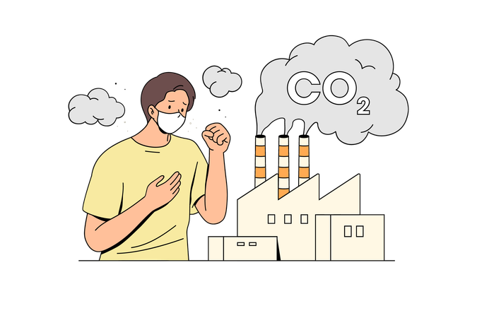 Contaminación del aire causada por industrias que liberan gases CO2 a la atmósfera.  Ilustración