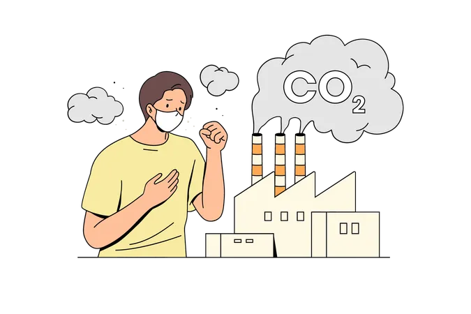 Contaminación del aire causada por industrias que liberan gases CO2 a la atmósfera.  Ilustración