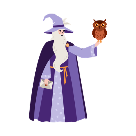 Magicien de conte de fées ou sorcier avec hibou  Illustration