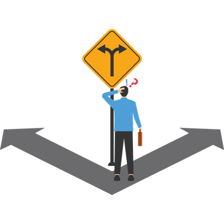 Contemplate entrepreneur who think where to go on a road mark  Illustration