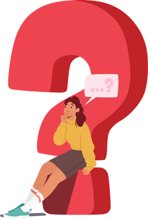 Contemplative Female Seated On Huge Red Question Mark with Speech Bubble over Head  Illustration