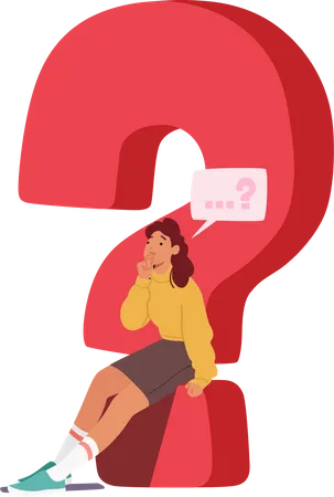 Contemplative Female Seated On Huge Red Question Mark with Speech Bubble over Head  Illustration