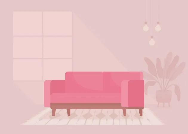Modern Pink Velvet Sofa Flat Color Vector Illustration Living Room Decor Contemporary Couch Fully Editable 2 D Simple Cartoon Interior With Cozy Atmosphere And Large Window On Background Illustration