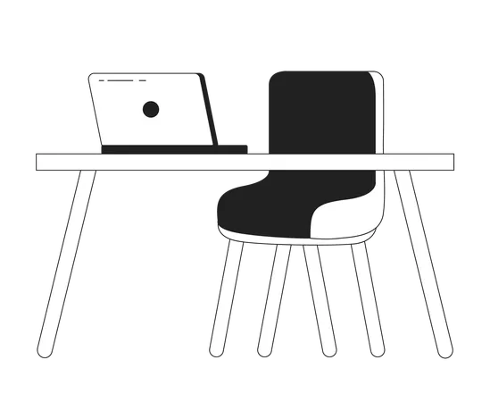 Contemporary Workspace Laptop Chair Black And White 2 D Cartoon Object Modern Office Furniture Isolated Vector Outline Item Notebook On Wooden Desk Home Office Monochromatic Flat Spot Illustration Illustration