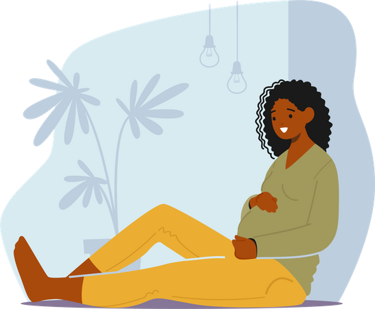 Content And Stunning Expectant Mother Radiating Joy And Happiness Sitting On Floor Illustration