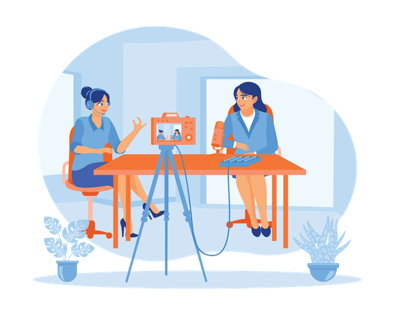 Content-Ersteller interviewt weibliche Vlogger im Heimstudio  Illustration