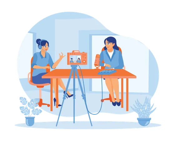 Content-Ersteller interviewt weibliche Vlogger im Heimstudio  Illustration