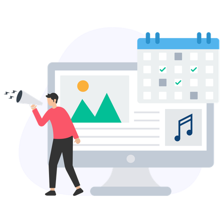 Content creator sharing exciting news using megaphone and computer  Illustration