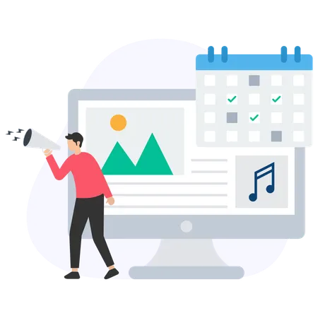 Content creator sharing exciting news using megaphone and computer  Illustration