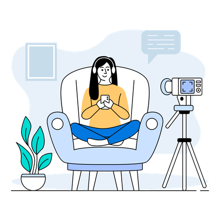 Content-Ersteller entspannt sich während der Aufnahme in einem Sessel  Illustration