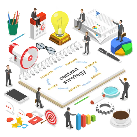 Content Strategy Flat Isometric Vector Concept Businessmen Surrounded With Some Corresponding Attributes Are Discussing A Project Content Strategy Illustration