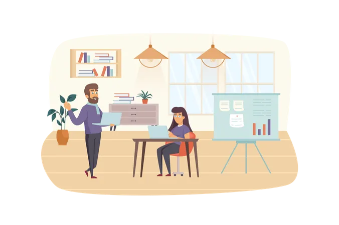 Content Managers Working At Office Scene Colleagues Discuss Content Plan Do Work Tasks SEO Optimization Social Networks Promotion Concept Vector Illustration Of People Characters In Flat Design Illustration