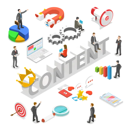 Content Is King Flat Isometric Vector Concept 3 D Word CONTENT With Crown On It Surrounded By People And Corresponding Attributes Illustration