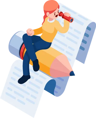 Flat 3 D Isometric Woman Sitting On Pencil With Telescope Copywriter And Content Writer Career Concept Illustration