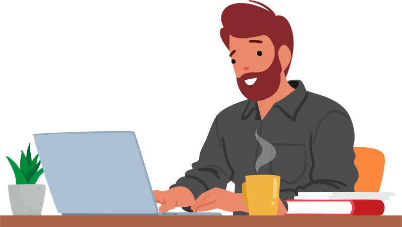 Contented Man Typing On Laptop Displaying A Relaxed Demeanor And A Satisfied Expression Male Character Indicating A Sense Of Fulfillment And Accomplishment Cartoon People Vector Illustration Illustration