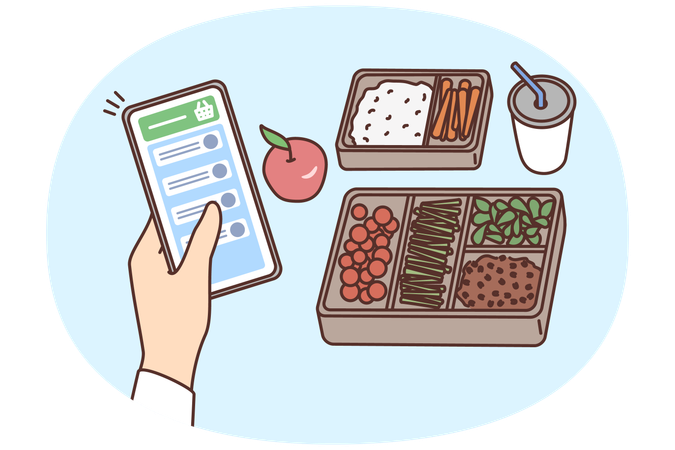 La persona cuenta las calorías de los alimentos en la aplicación móvil  Ilustración