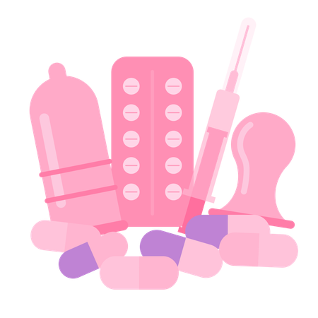 Contraceptive and medical items including pills and syringe  Illustration