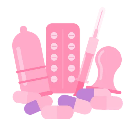 Contraceptive and medical items including pills and syringe  Illustration