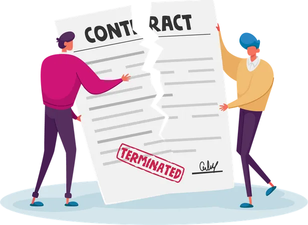 Contract Cancellation Agreement Termination Concept Couple Of Tiny Male Characters Tearing Huge Paper Sheet With Terminated Contract Businessmen At Workspace Cartoon People Vector Illustration イラスト