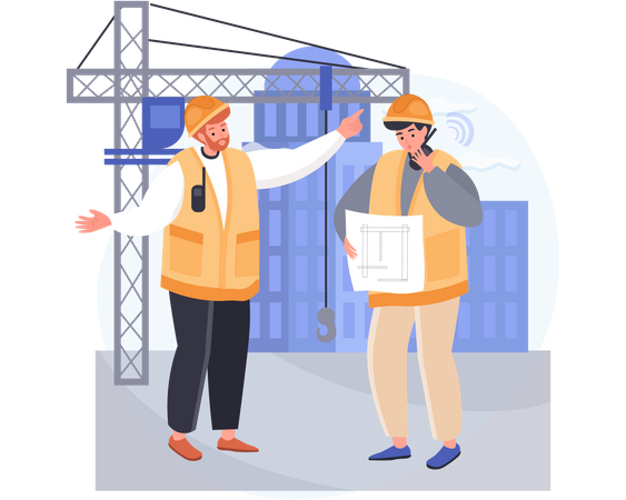 Contractor discussing on plan with worker Illustration