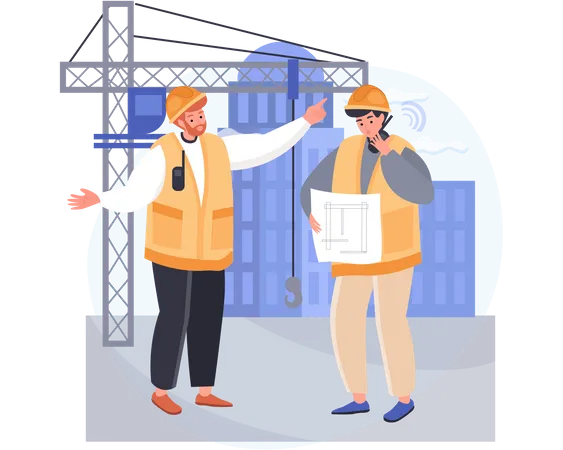 Contractor discussing on plan with worker  Illustration
