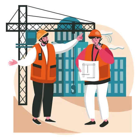 Contractor discussing on plan with worker  Illustration