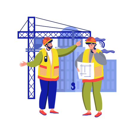 Contractor discussing on plan with worker  Illustration