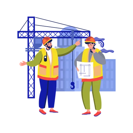 Contractor discussing on plan with worker  Illustration