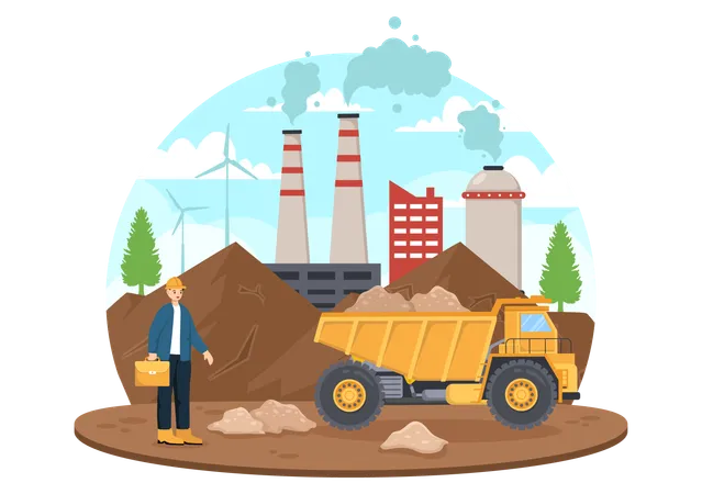 Mining Company Vector Illustration With Heavy Yellow Dumper Trucks For Sand Mine Industrial Process Or Transportation In Flat Cartoon Background Illustration