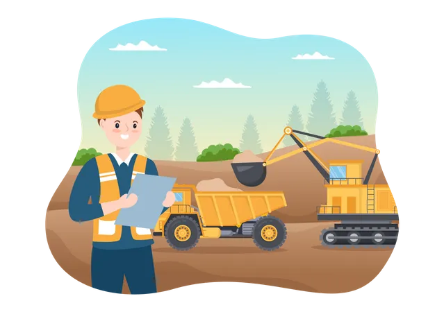 Mining Company With Heavy Yellow Dumper Trucks For Coal Mine Industrial Process Or Transportation In Flat Cartoon Hand Drawn Templates Illustration Illustration